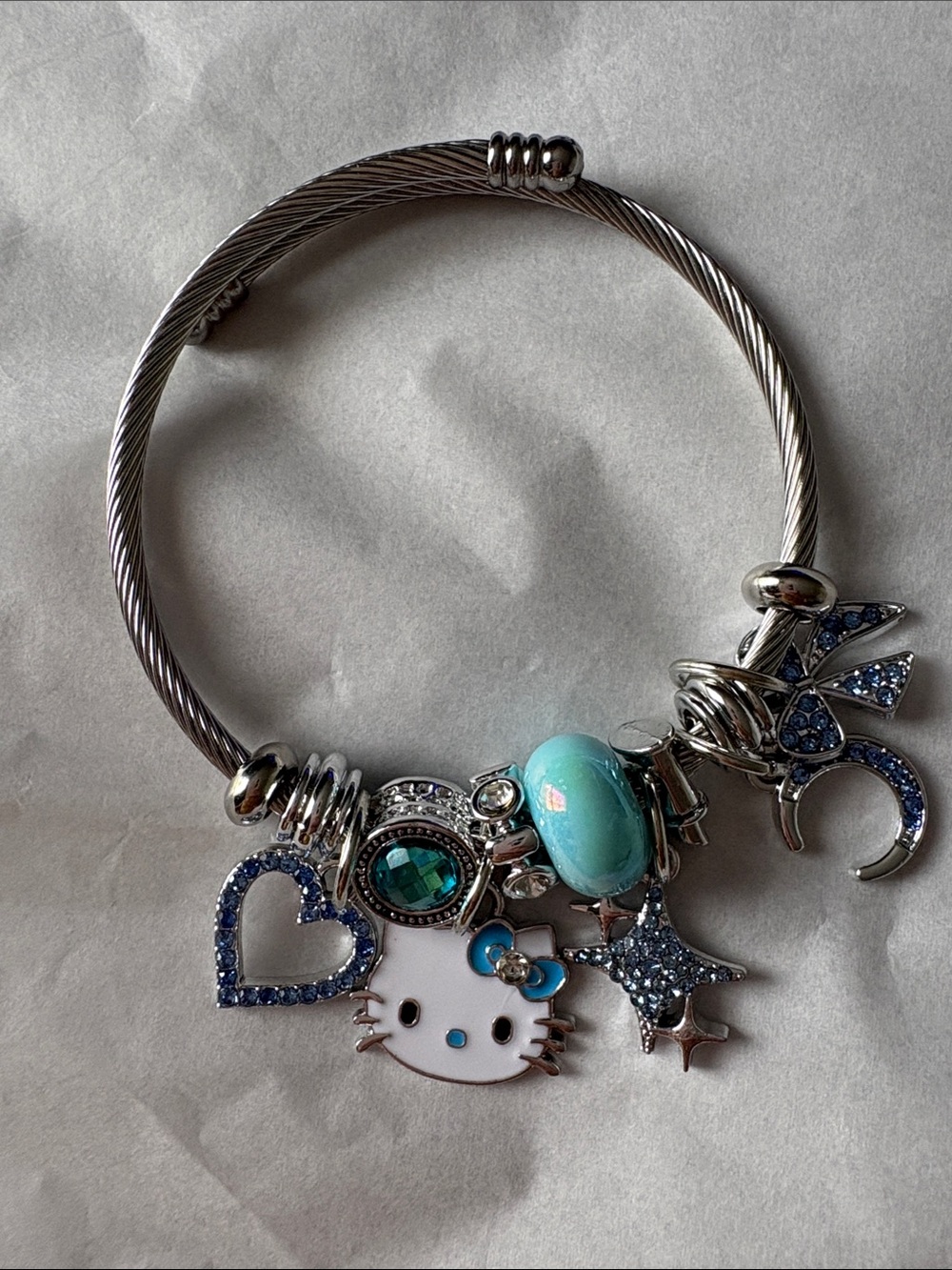 Silver-Tone Charm Bracelet with Blue Accents and Hello Kitty Cute Cat Charm